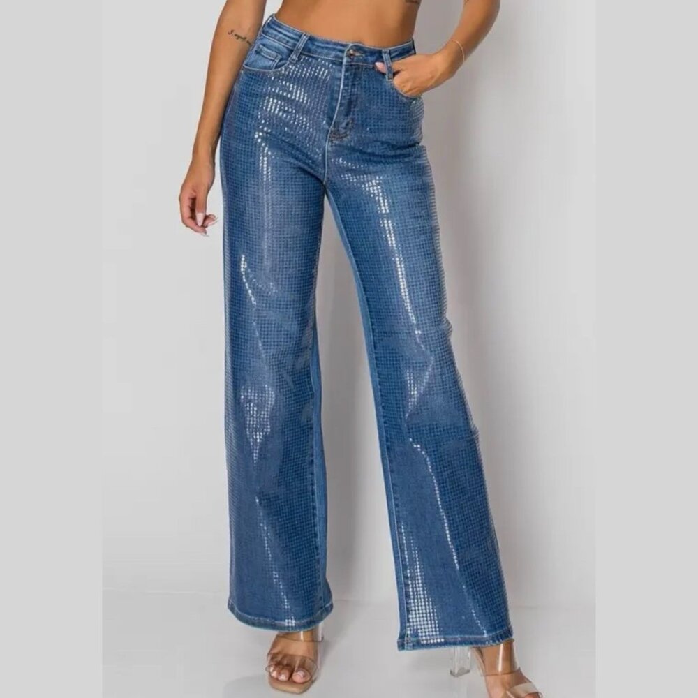 High-Waist Straight-Leg Jeans Glossy Croc-Effect Finish Blue SZ S L XL Stretch
